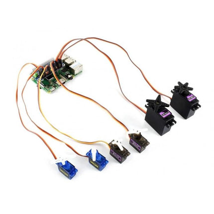 Waveshare 16-Channel Servo Driver HAT for Raspberry Pi Projects showing HAT connected to multiple servos on a Raspberry Pi for robotics