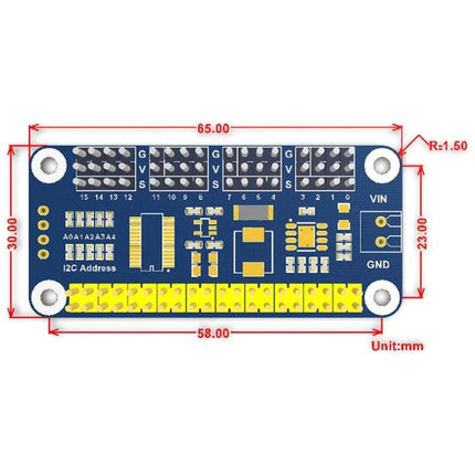 Waveshare 16-Channel Servo Driver HAT for Raspberry Pi Projects - top view with dimensions and 16 servo headers