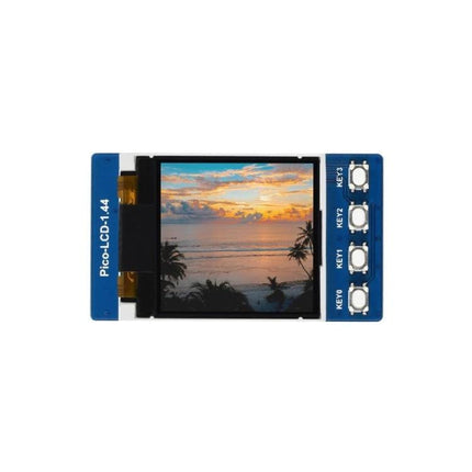 Waveshare 1.44 Inch LCD Display for Raspberry Pi Projects showing sunset image on compact 128x128 65K RGB screen with control buttons