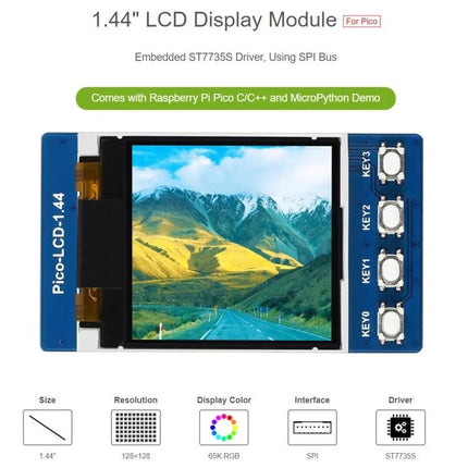 Waveshare 1.44 Inch LCD Display for Raspberry Pi Projects showing 128x128 65K RGB screen with four buttons for IoT and interface demos