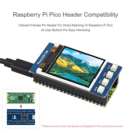 Waveshare 1.44 Inch LCD Display for Raspberry Pi Projects compact 128x128 65K RGB screen with buttons mounted on Raspberry Pi Pico header
