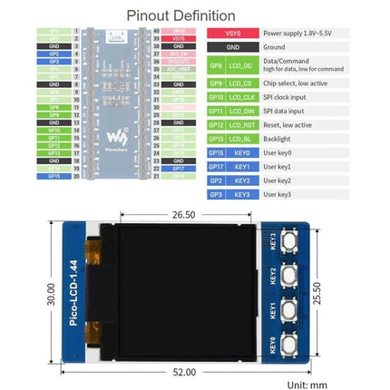 Waveshare 1.44 Inch LCD Display for Raspberry Pi Projects - 128x128 65K RGB module with pinout, dimensions and built-in buttons