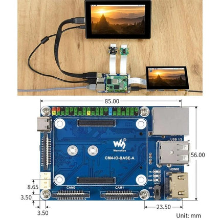 Waveshare Mini Base Board for Raspberry Pi Projects connected to CM4 with HDMI display and camera ribbons