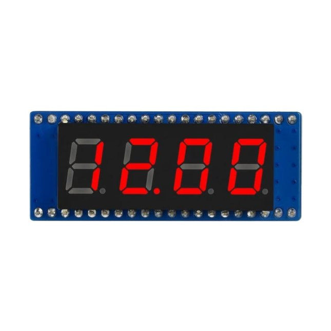 Waveshare Red 4-Digit 8-Segment Display for Raspberry Pi Projects showing red LED digits on blue PCB for timers and counters