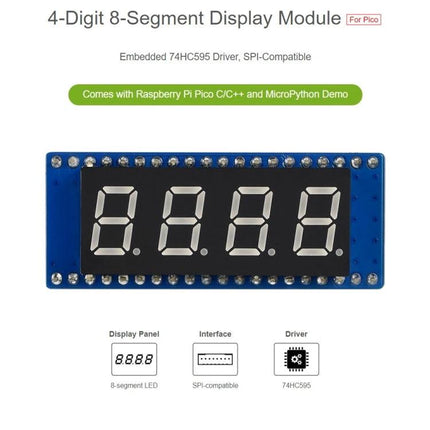 Waveshare Red 4-Digit 8-Segment Display for Raspberry Pi Projects - red LED numerical display module with SPI interface and 74HC595 driver