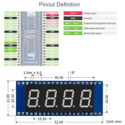 Waveshare Red 4-Digit 8-Segment Display for Raspberry Pi Projects showing pinout diagram and dimensions for SPI integration