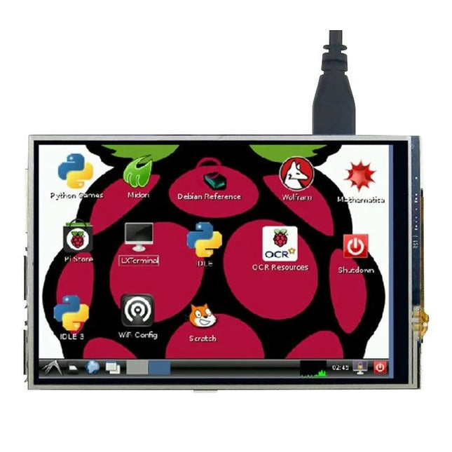 3.5 Inch Touchscreen Display for Raspberry Pi Monitoring showing Raspberry Pi desktop icons and HDMI cable connected