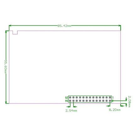 3.5 Inch Touchscreen Display for Raspberry Pi Monitoring schematic with dimensions and 26-pin header placement