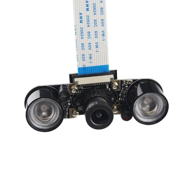 Infrared Night Vision Camera for Raspberry Pi Imaging Projects with 5MP sensor, built-in IR lights and ribbon cable for low-light surveillance