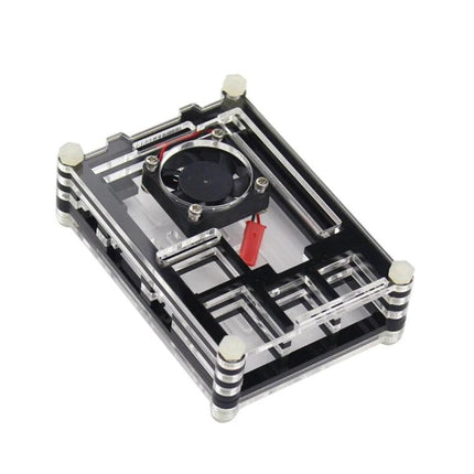 Acrylic Protective Case with Fan for Raspberry Pi 3 Cooling shown assembled with clear black layered acrylic and top-mounted fan