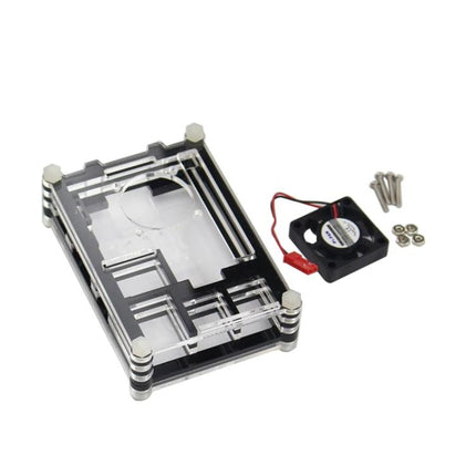 Acrylic Protective Case with Fan for Raspberry Pi 3 Cooling - clear layered acrylic case with cooling fan and mounting hardware