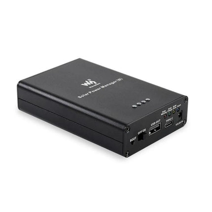 Waveshare Solar Power Manager with Integrated Battery Support compact black unit with USB-C input and 5V/3A output for IoT sensors