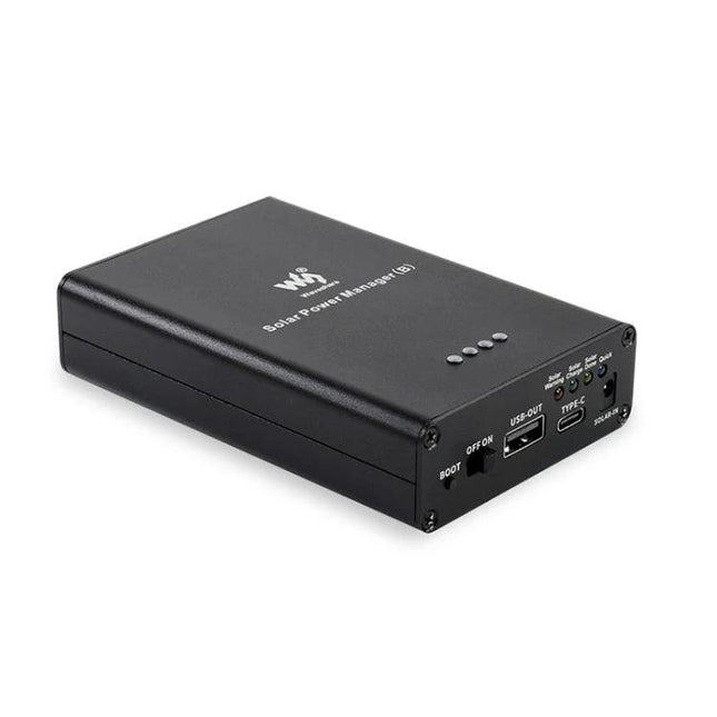 Waveshare Solar Power Manager with Integrated Battery Support compact black unit with USB-C input and 5V/3A output for IoT sensors