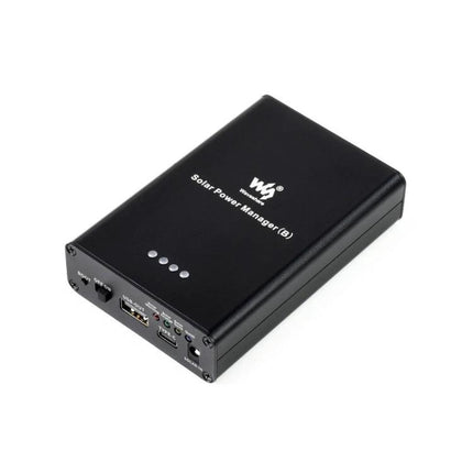 Waveshare Solar Power Manager with Integrated Battery Support compact black enclosure showing USB-C, USB-A ports and LED indicators for solar battery charging