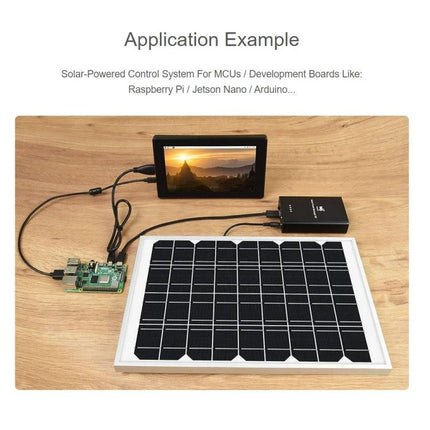 Waveshare Solar Power Manager with Integrated Battery Support powering Raspberry Pi and display from solar panel and Li-po battery