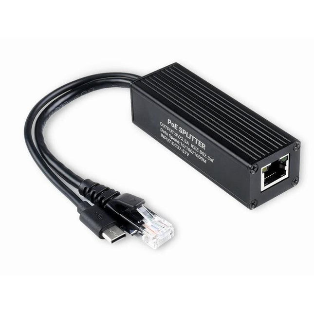 Waveshare Gigabit PoE Splitter for 5V Type-C Powered Devices - black PoE to USB-C 5V DC splitter with RJ45 input, ideal for Raspberry Pi and remote installations