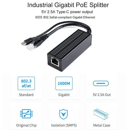 Waveshare Gigabit PoE Splitter for 5V Type-C Powered Devices - black industrial metal PoE-to-Type-C 5V 2.5A adapter with RJ45 port