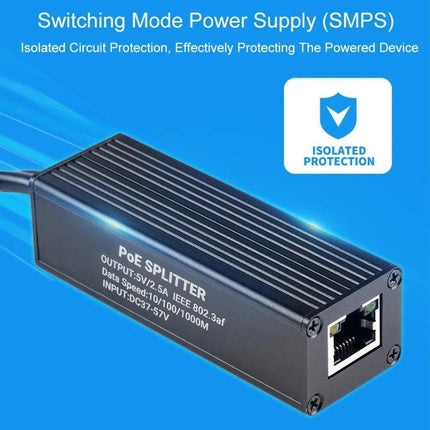 Waveshare Gigabit PoE Splitter for 5V Type-C Powered Devices compact black PoE splitter with isolated protection and RJ45 output