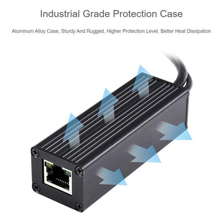 Waveshare Gigabit PoE Splitter for 5V Type-C Powered Devices in aluminum industrial protection case with heat-dissipating fins and Ethernet port