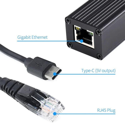 Waveshare Gigabit PoE Splitter for 5V Type-C Powered Devices showing RJ45 input, Type-C 5V output and gigabit Ethernet port