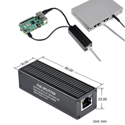 Waveshare Gigabit PoE Splitter for 5V Type-C Powered Devices connected to Raspberry Pi via Ethernet showing dimensions and Type-C 5V output