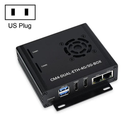 Waveshare Computer Box for Raspberry Pi with 5G/4G Connectivity black CM4 enclosure showing USB, HDMI, Ethernet ports and cooling fan