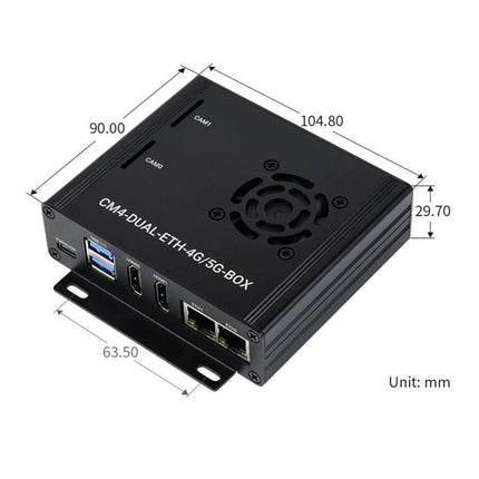 Waveshare Computer Box for Raspberry Pi with 5G/4G Connectivity compact black CM4 enclosure with fan, dual ethernet, USB and measured dimensions
