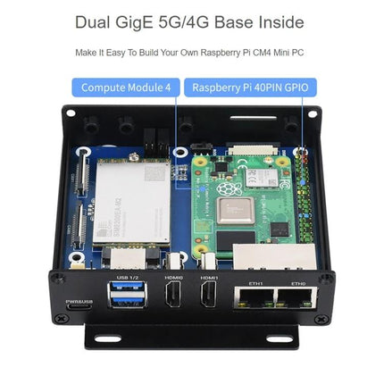 Waveshare Computer Box for Raspberry Pi with 5G/4G Connectivity showing open enclosure with Compute Module 4, dual GigE ports, USB and HDMI