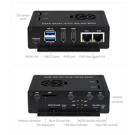 Waveshare Computer Box for Raspberry Pi with 5G/4G Connectivity - black CM4 enclosure showing USB, HDMI, dual RJ45, antenna and SIM/SD slots