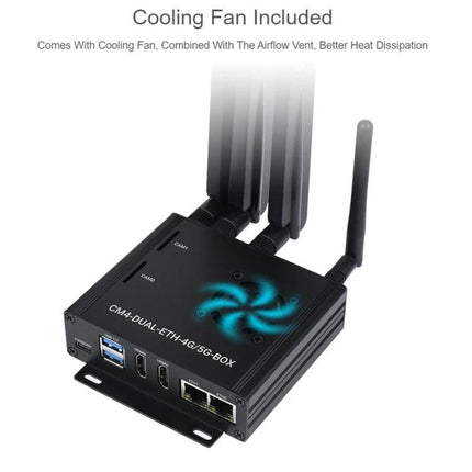 Waveshare Computer Box for Raspberry Pi with 5G/4G Connectivity - black CM4 enclosure with cooling fan, antennas, USB and Ethernet ports