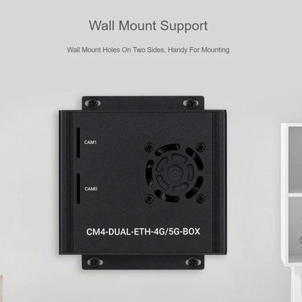 Waveshare Computer Box for Raspberry Pi with 5G/4G Connectivity wall-mounted black enclosure for CM4 with fan and camera slots