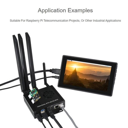 Waveshare Computer Box for Raspberry Pi with 5G/4G Connectivity showing CM4 enclosure with antennas, ports and touchscreen for remote IoT applications