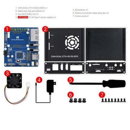 Waveshare Computer Box for Raspberry Pi with 5G/4G Connectivity components kit showing CM4 board, metal case, fan, power adapter, screws and accessories
