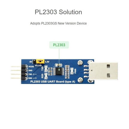 Waveshare USB to UART Module for Serial Connections PL2303GS USB to UART board showing USB plug and 4-pin header for Arduino connections