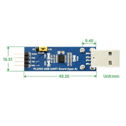 Waveshare USB to UART Module for Serial Connections PL2303GS board with USB-A connector and 4-pin UART header, dimensions shown