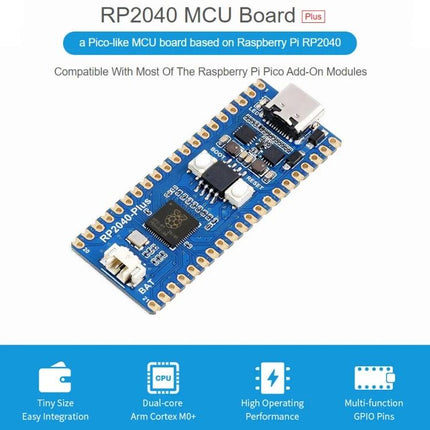 Waveshare RP2040-Plus Microcontroller Board with Pinheader showing blue RP2040 MCU board, micro USB, pin headers and labeled features