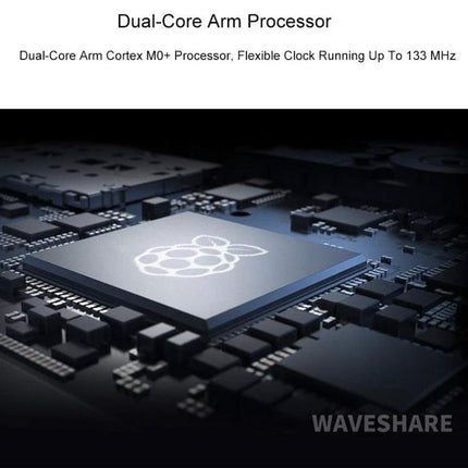 Waveshare RP2040-Plus Microcontroller Board with Pinheader showing RP2040 dual-core processor close-up and Waveshare branding