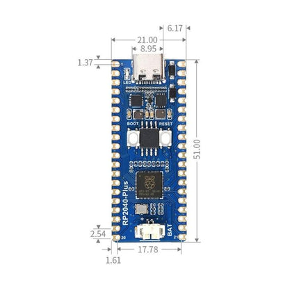 Waveshare RP2040-Plus Microcontroller Board with Pinheader top view with dimensions and USB connector