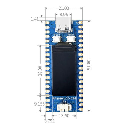 Waveshare RP2040-LCD-0.96 Microcontroller Board with LCD for Projects showing dimensions, USB-C, boot/reset buttons and onboard display