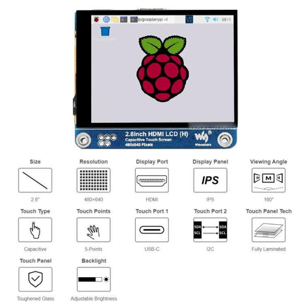 Waveshare 2.8 Inch HDMI LCD Display for Raspberry Pi Use - compact 2.8-inch HDMI Raspberry Pi touchscreen showing Raspberry logo