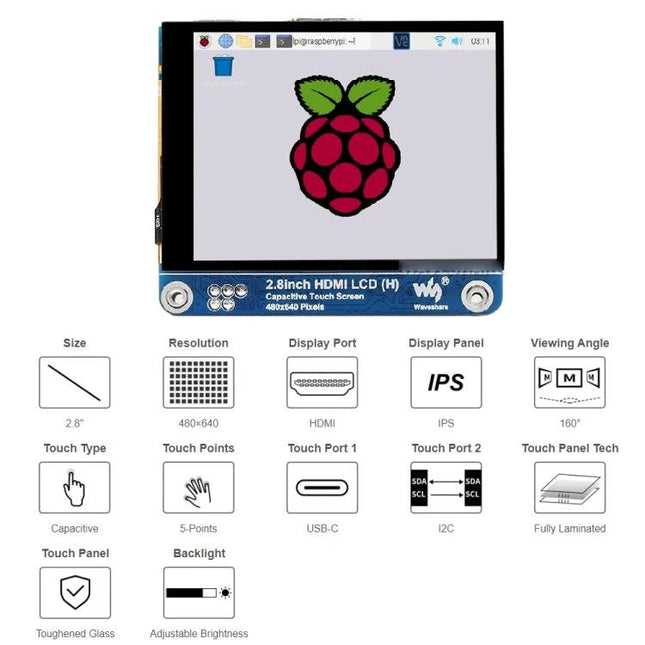 Waveshare 2.8 Inch HDMI LCD Display for Raspberry Pi Use - compact 2.8-inch HDMI Raspberry Pi touchscreen showing Raspberry logo