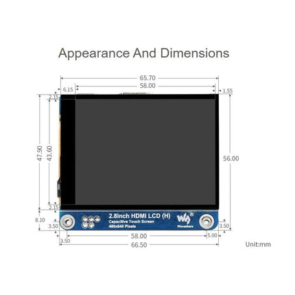 Waveshare 2.8 Inch HDMI LCD Display for Raspberry Pi Use — front view with labeled appearance and dimensions in mm