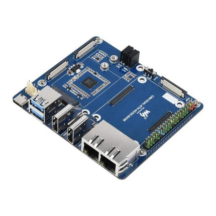 Waveshare Base Board for Raspberry Pi CM4 with Dual Ethernet shown with dual RJ45 ports, USB, headers and CM4 connectors