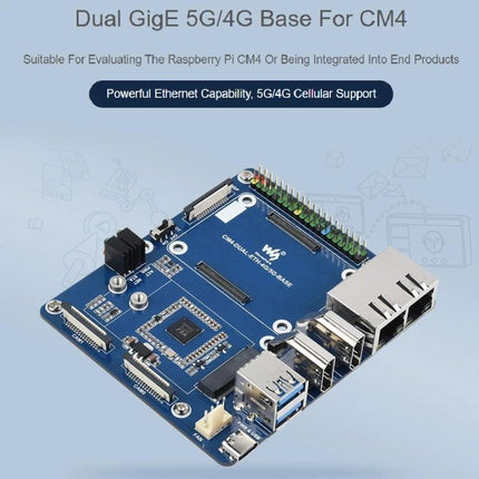 Waveshare Base Board for Raspberry Pi CM4 with Dual Ethernet photo showing dual GigE ports and CM4 expansion board