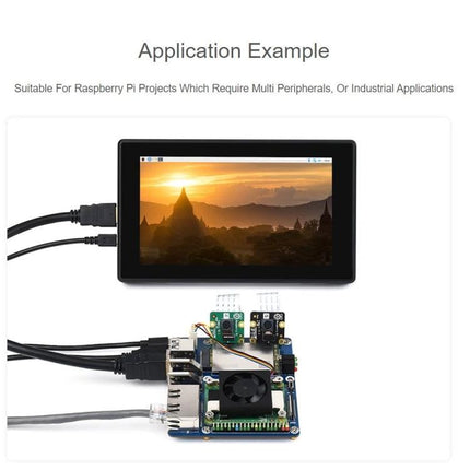 Waveshare Base Board for Raspberry Pi CM4 with Dual Ethernet showing touchscreen display and connected cables for IoT and edge-computing applications