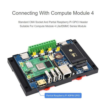 Waveshare Industrial IoT Wireless Module for Raspberry Pi CM4 Expansion mounted with Compute Module 4 showing GPIO and industrial connectors