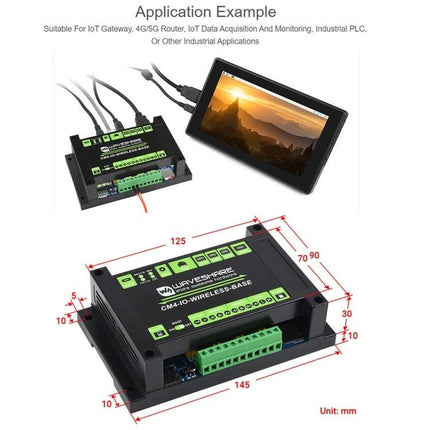 Waveshare Industrial IoT Wireless Module for Raspberry Pi CM4 Expansion shown with connectors, terminal blocks and dimensions for industrial IoT use