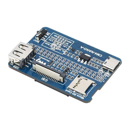Waveshare Nano Base Board A for Raspberry Pi Compute Module compact expansion board showing USB, USB-C, CSI connector and microSD slot