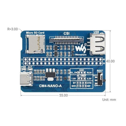Waveshare Nano Base Board A for Raspberry Pi Compute Module compact CM4 expansion board with USB, microSD, CSI and 40mmx55mm dimensions