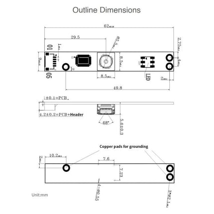 Waveshare 5MP Auto-Focus USB Camera for Video Recording outline dimensions and PCB mounting diagram